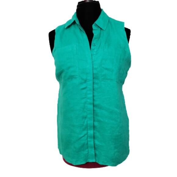 Chico's Tops - Chico's Green Sleeveless 100% Linen Button Front Blouse Medium Petite